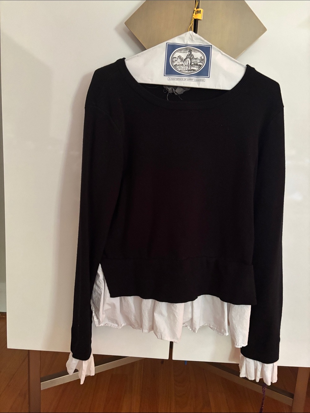 Anthropologie Black Knit Pullover with White Shirt-Style Hem